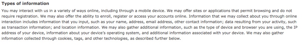 Wells Fargo Digital Privacy and Cookies Policy: Excerpt of Types of Information collected clause