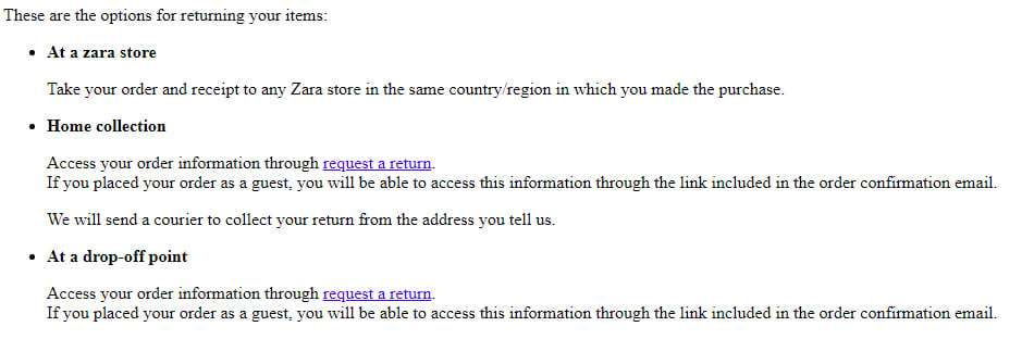 Zara Return Policy: How to make a return section