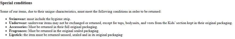 Zara Return Policy: Special Conditions section