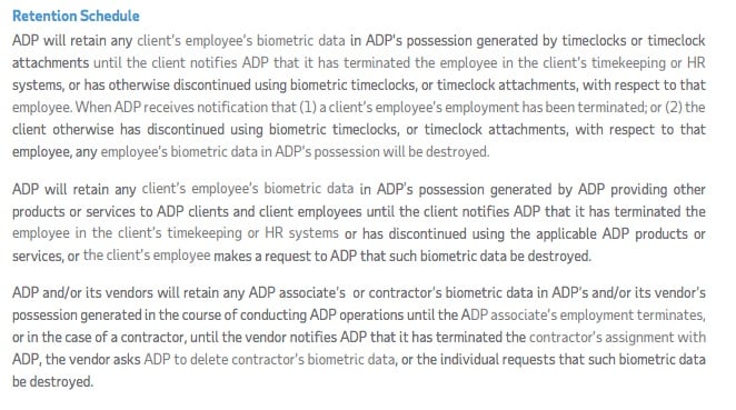 ADP Biometric Information Privacy Policy: Retention Schedule section