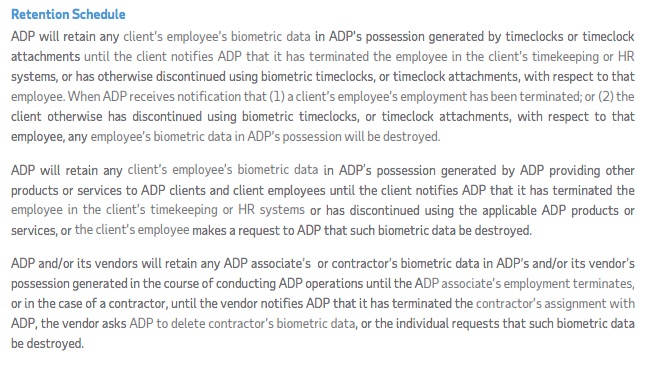 ADP Biometric Information Privacy Policy: Retention Schedule section