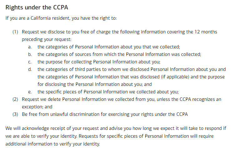 Bank of America Privacy Disclosure: Rights under the CCPA clause excerpt