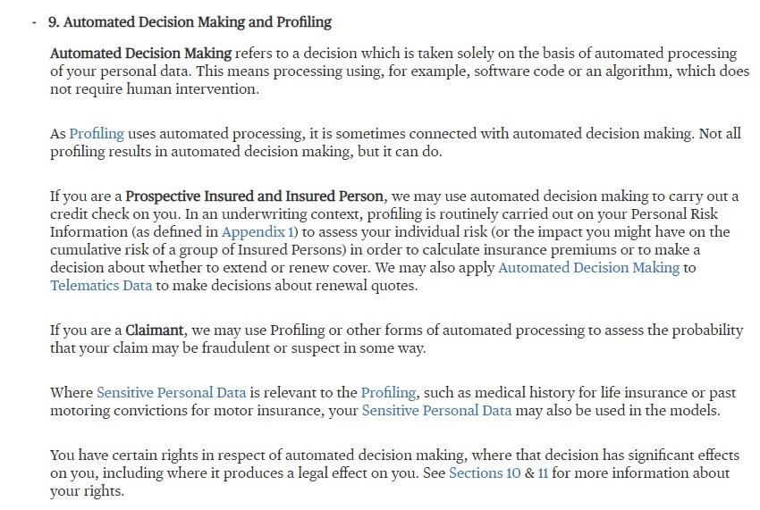 Chubb Privacy Policy: Automated Decision Making and Profiling clause