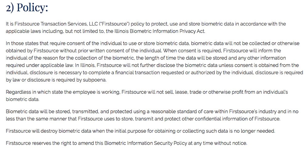 Firstsource Biometric Information Security Policy: BIPA clause