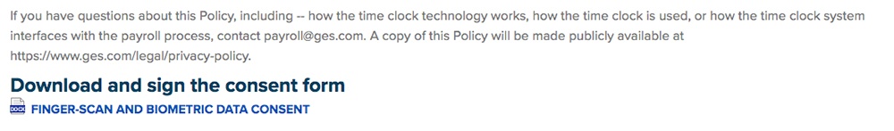 GES Finger-Scan and Biometric Data Information Policy: Contact and Consent Form sections