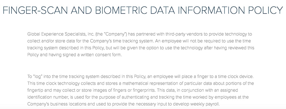 GES Finger-Scan and Biometric Data Information Policy: Third-party time clock section