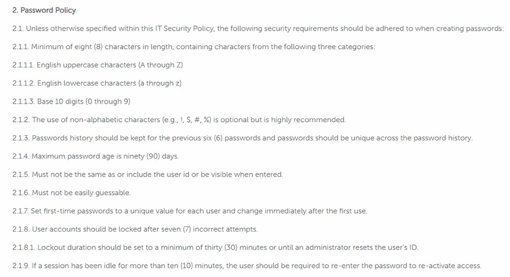iCIMS: IT Security Policy - Password Policy clause excerpt