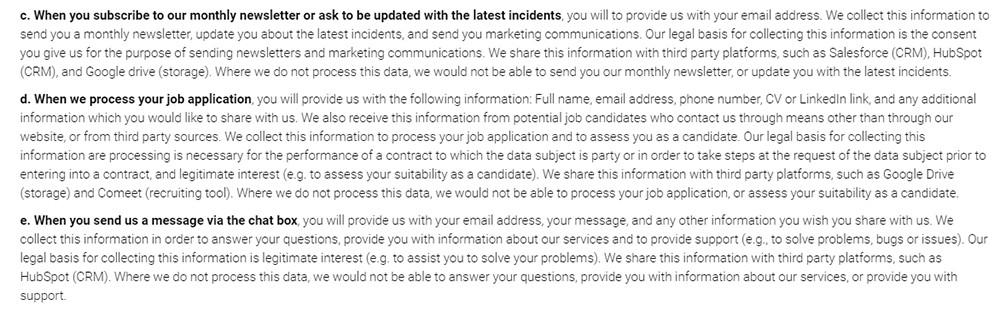 Upstream Privacy Policy: Excerpt of Information collection clause