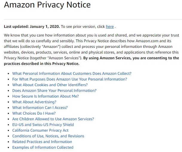 Amazon Privacy Notice: Intro and Table of Contents