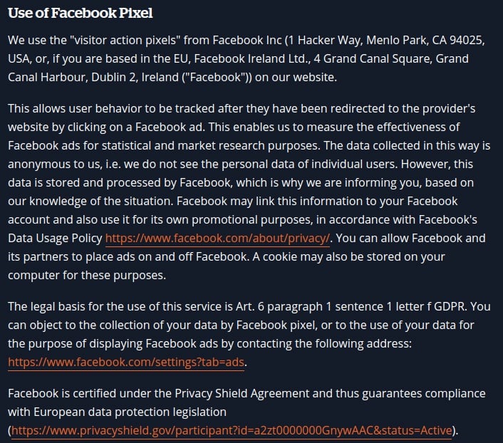 Bandzoogle Privacy Policy: Use of Facebook Pixel clause