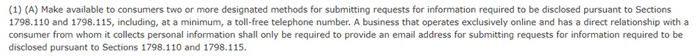 California Legislative Information: CCPA Section 1798 30 1 A - Toll-free number requirement