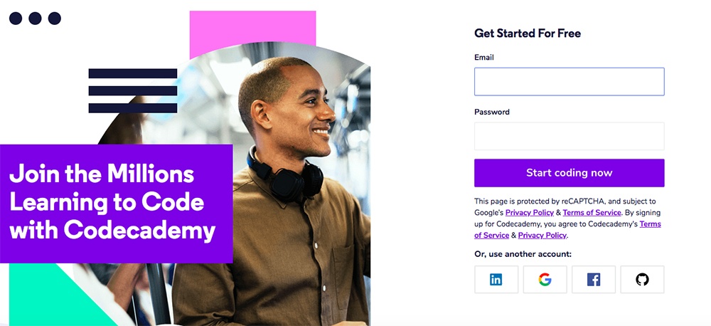Screenshot of Codecademy landing page