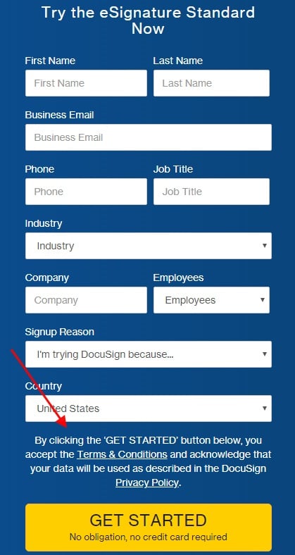 DocuSign sign-up form with agree and consent text highlighted
