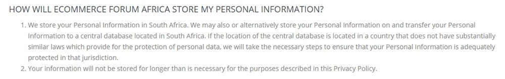 Ecommerce Forum Africa Privacy Policy: How will Ecommerce Forum Africa Store My Personal Information clause