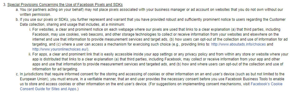 Facebook Business Tools Terms: Special Provisions Concerning the Use of Facebook Pixels and SDKs clause