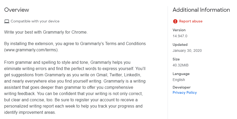 Grammarly Chrome Web Store listing: Overview and Information section