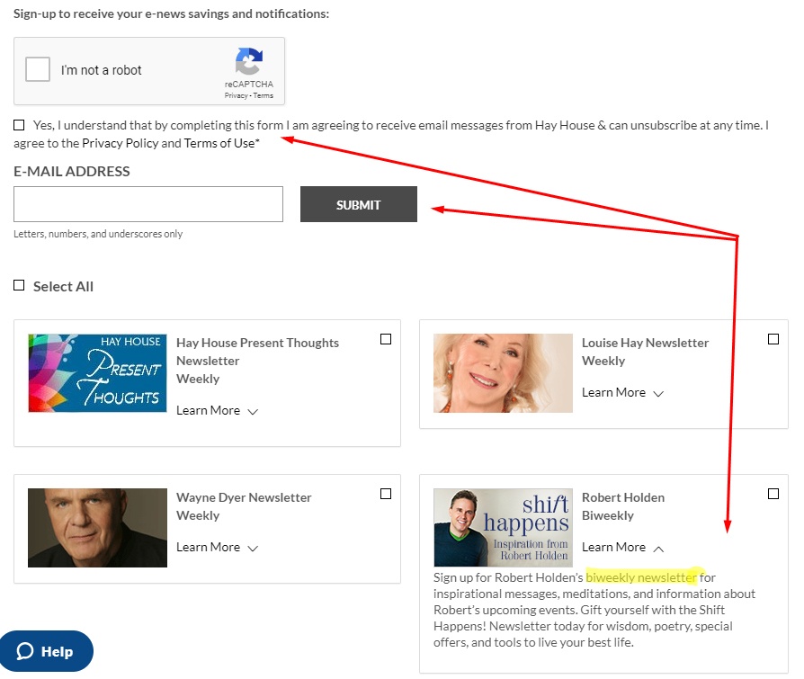 Hay House email newsletter sign-up page with checkboxes for consent