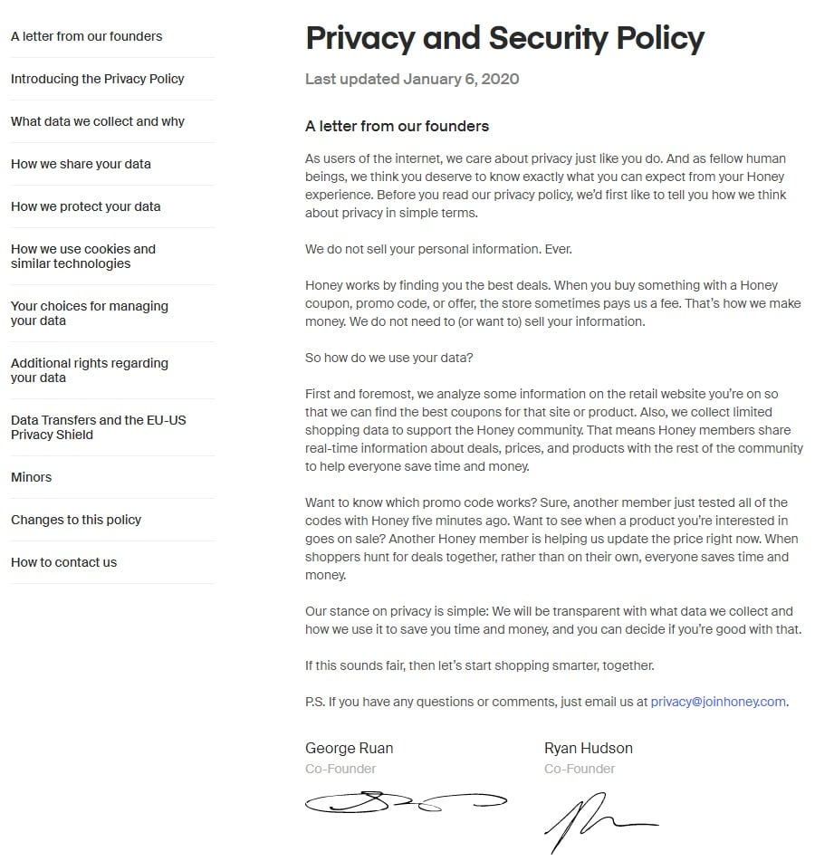 Honey Privacy and Security Policy: Intro letter and menu links