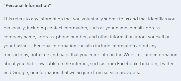 HubSpot Privacy Policy: Personal Information collected clause excerpt