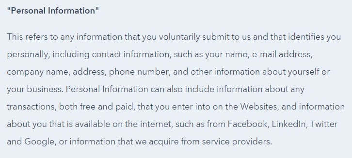 HubSpot Privacy Policy: Personal Information collected clause excerpt