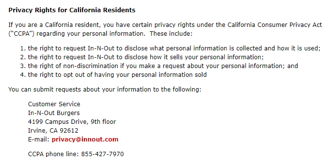 In-N-Out Burger Privacy Policy: Privacy Rights for California Residents clause-excerpt
