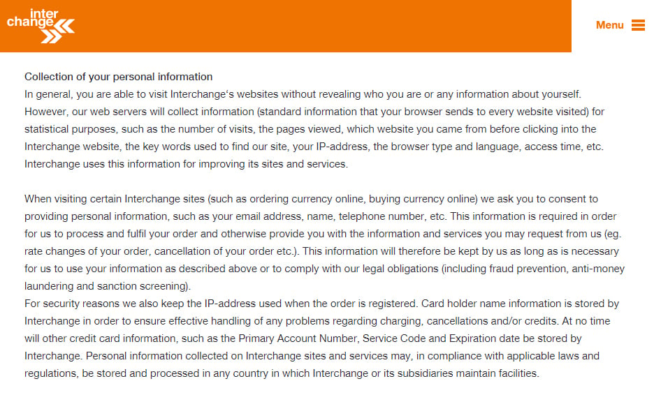 Interchange Privacy Policy: Collection of your personal information clause