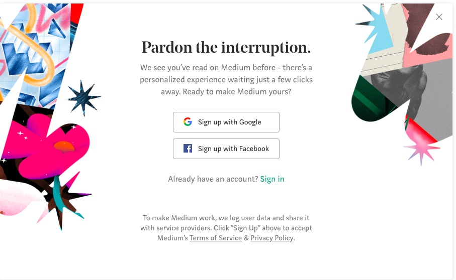 Medium pop-up Create Account screen