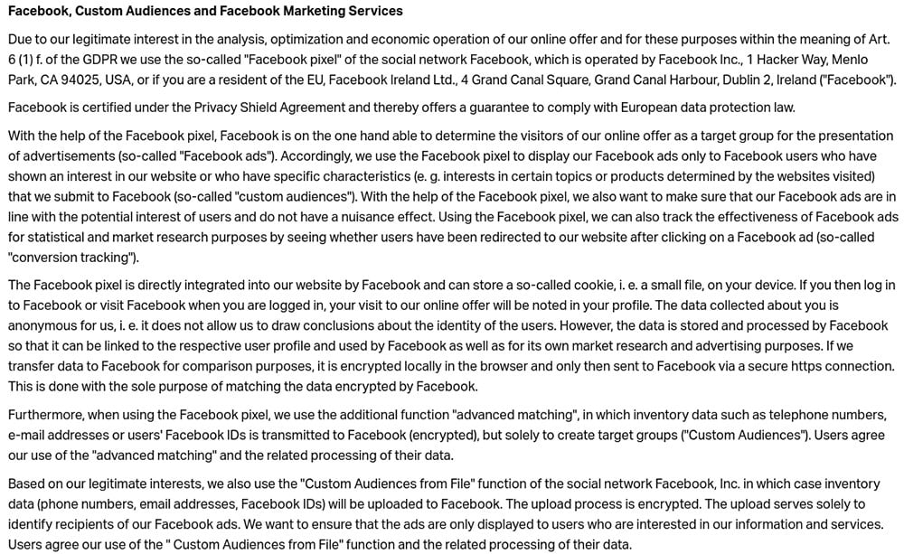 Nice Label Privacy Policy: Facebook, Custom Audiences and Facebook Marketing Services clause excerpt