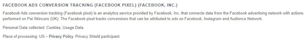 Pai Skincare UK Privacy Policy: Facebook Ads Conversion Tracking Pixel clause