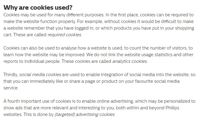 Philips UK Cookie Policy: Why are cookies used clause