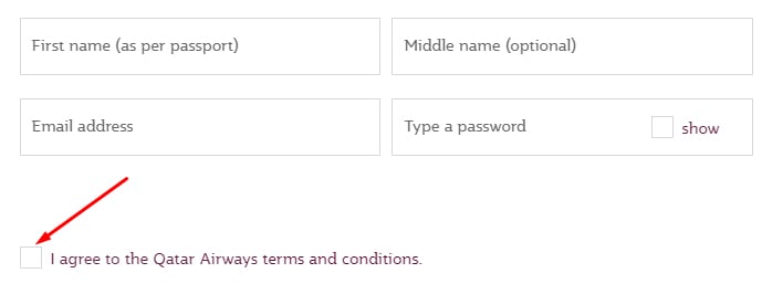 Qatar Airways: Create account form with checkbox to agree to terms
