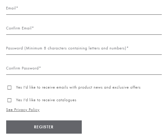 Sweaty Betty: Create account form with checkboxes to consent to receiving emails and catalogues