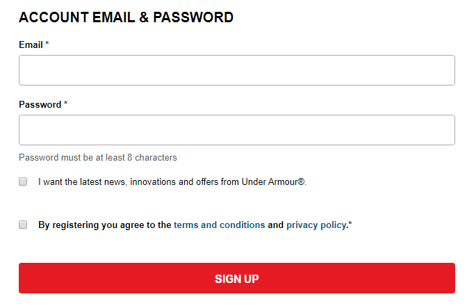 Under Armour UK: Create Account form with checkboxes for consent