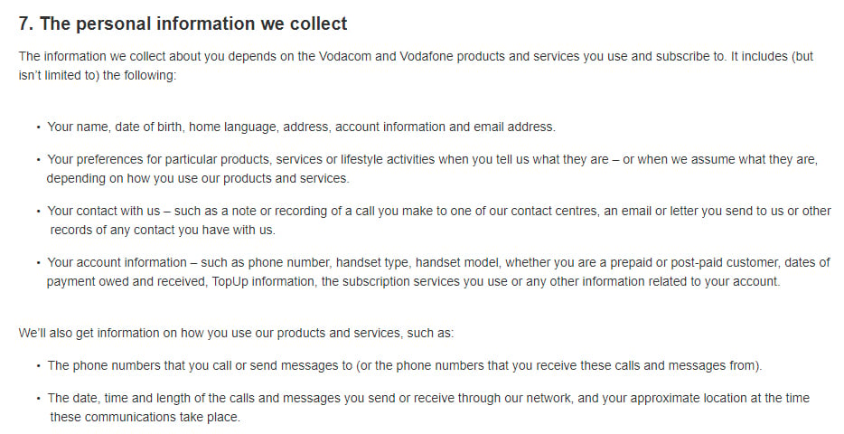 Vodacom Privacy Policy: Excerpt of Personal information we collect clause
