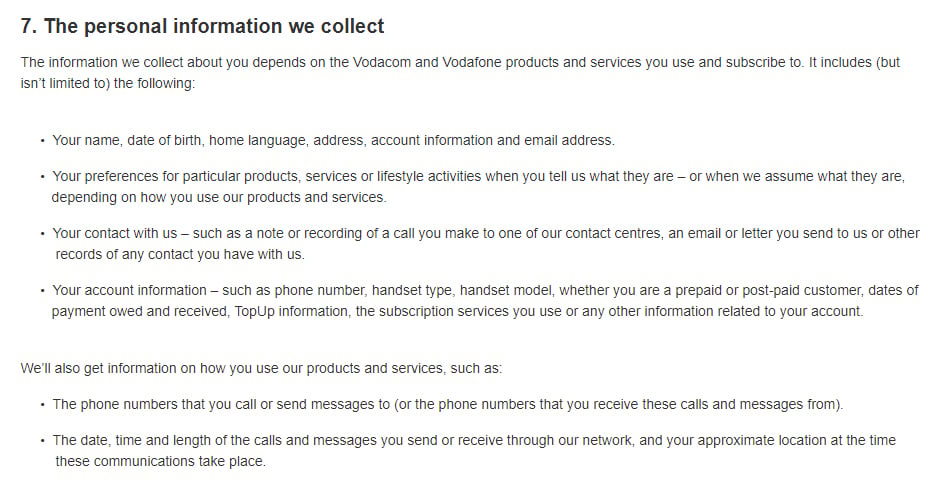 Vodacom Privacy Policy: Excerpt of Personal information we collect clause