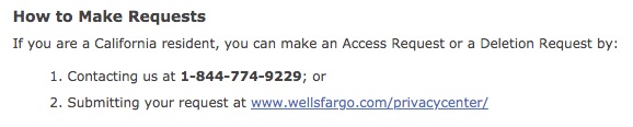 Wells Fargo CCPA Notice: How to Make Requests with toll-free number
