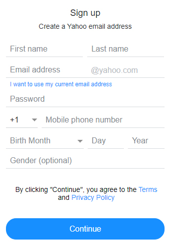 Yahoo: Create account form with clickwrap button