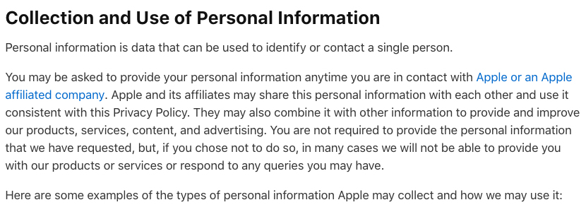 Apple Privacy Policy: Collection and Use of Personal Information clause