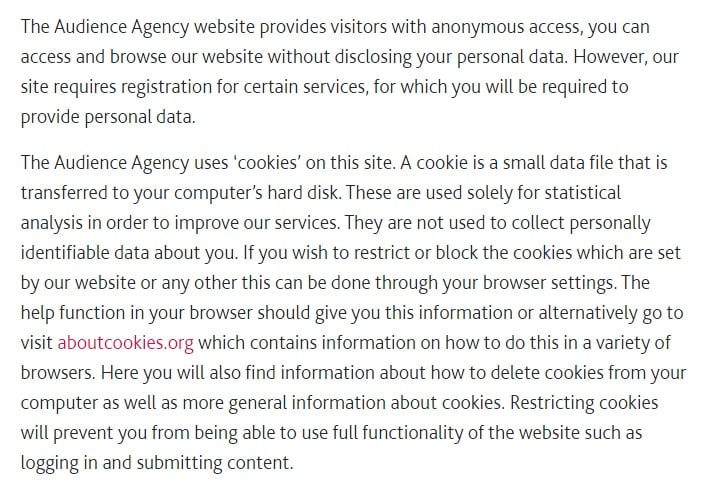 Audience Agency Privacy Policy: Cookies clause