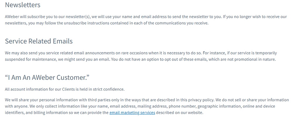 AWeber Privacy Policy: Newsletters, Service Related Emails and Customer clauses