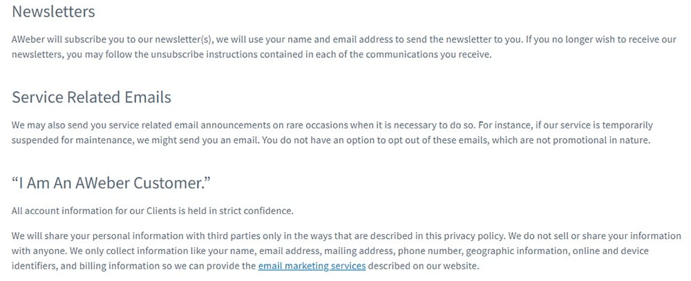 AWeber Privacy Policy: Newsletters, Service Related Emails and Customer clauses