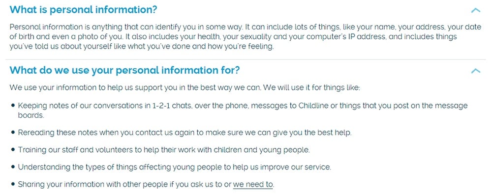 Childline Privacy Policy: Personal information - Definition and Use clauses