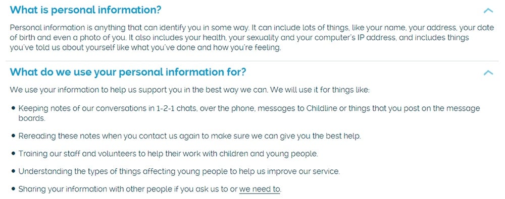 Childline Privacy Policy: Personal information - Definition and Use clauses
