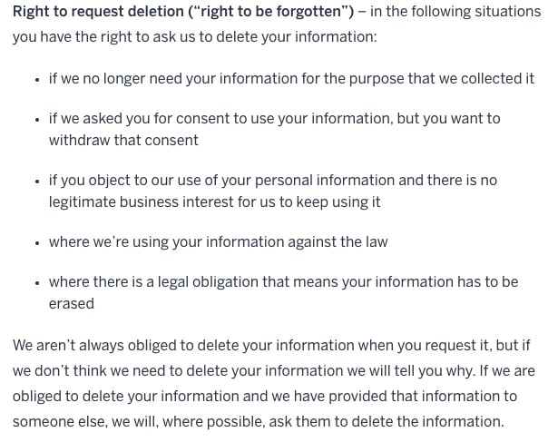 Lonely Planet Privacy Policy: Right to Request Deletion clause