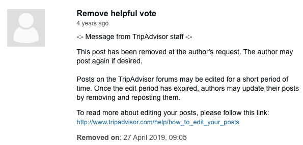 TripAdvisor: Removed Post notice