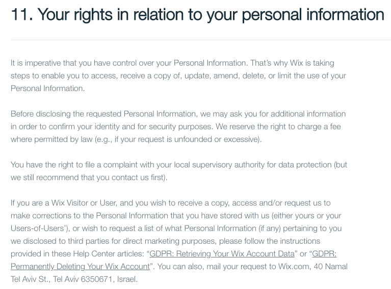 Wix Privacy Policy: Your rights in relation to your personal information clause