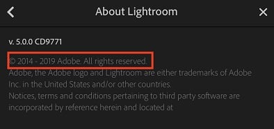 Adobe Lightroom app copyright notice - example