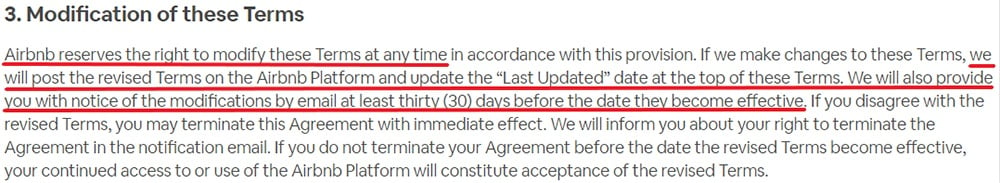 Airbnb UK Terms of Service: Modification of these Terms clause