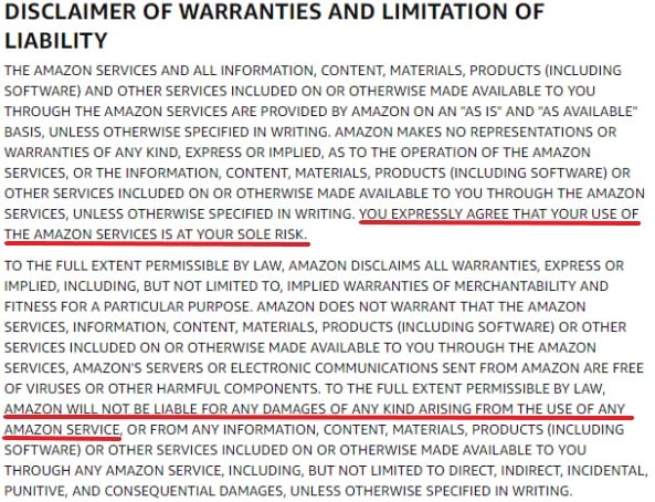 Amazon UK Conditions of Use: Disclaimer of Warranties and Limitation of Liability clause