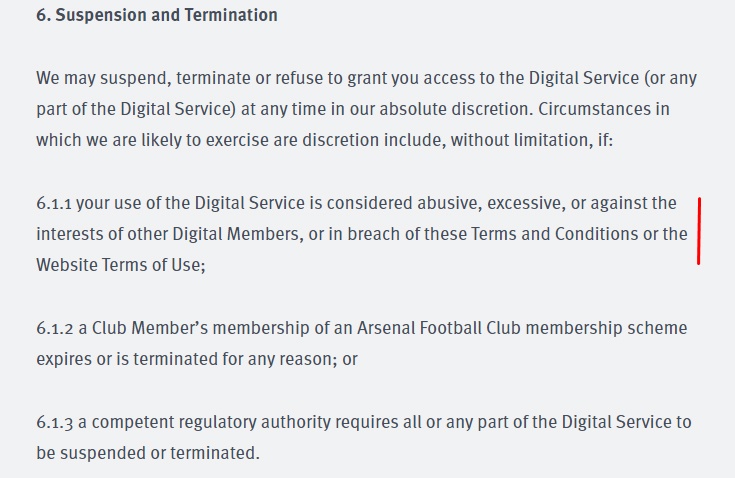 Arsenal Terms and Conditions: Suspension and Termination clause